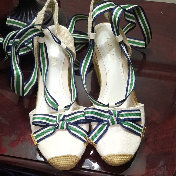 Lauren Ralph Lauren Cream and Green Espadrille Wedges - Picture 1 of 7